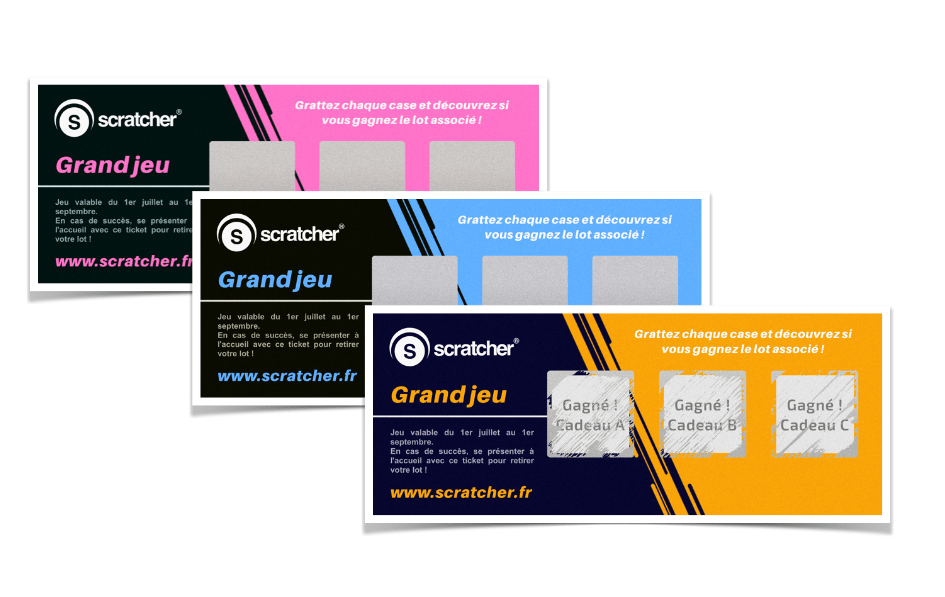 #<Template:0x00007f6bba2ac7b8> Scratcher Trio scratch-off tickets conceal your prizes under three square scratch-off areas. It's possible to vary the prizes and customize the card design.